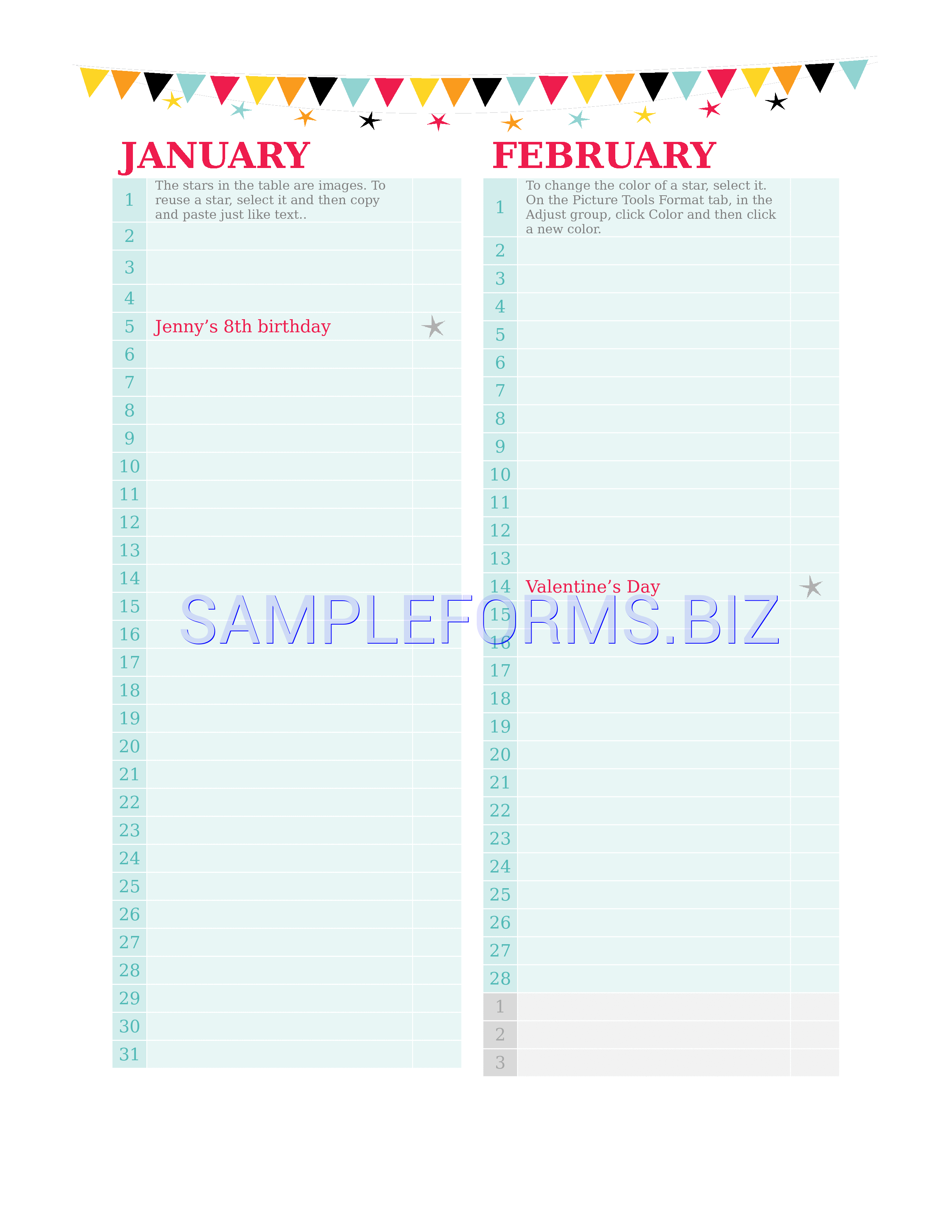 Preview free downloadable Birthday and Anniversary Calendar 3 in PDF (page 1)